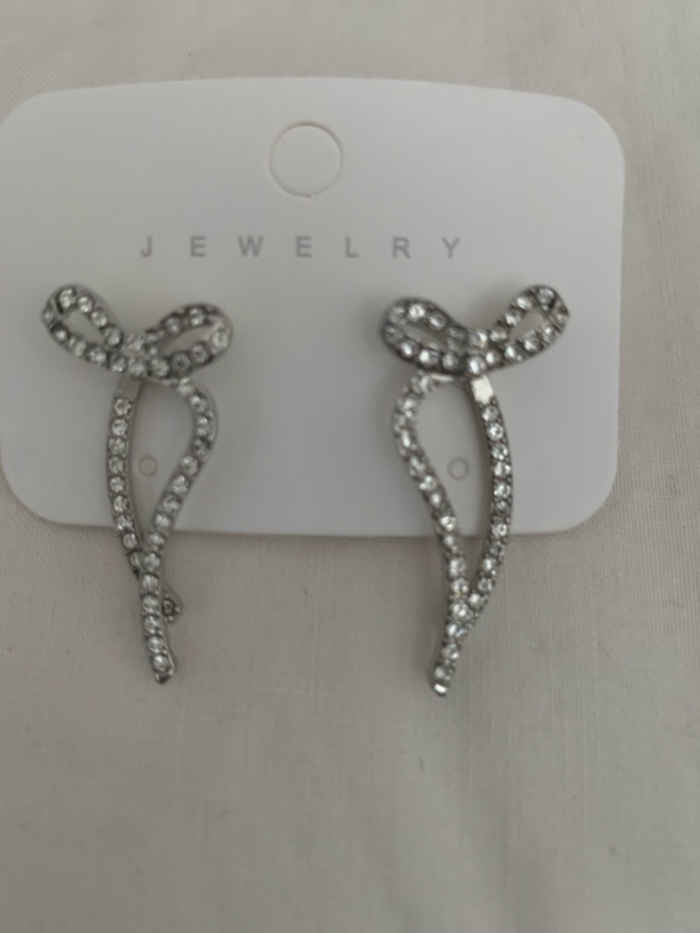 Rhinestone Bow Drop Earrings - Silver